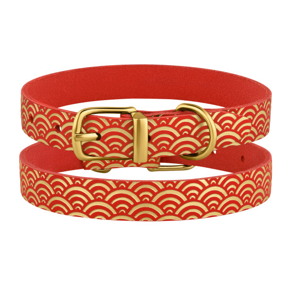 Нашийник для Собак шкіряний Classic одинарний з золотим тисненням Море Червоний