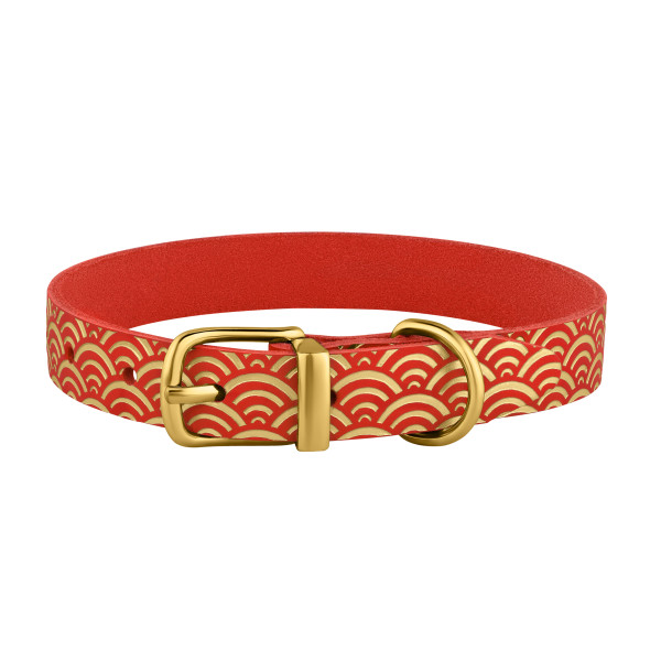 Нашийник для Собак шкіряний Classic одинарний з золотим тисненням Море Червоний