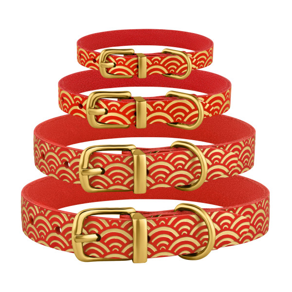 Нашийник для Собак шкіряний Classic одинарний з золотим тисненням Море Червоний