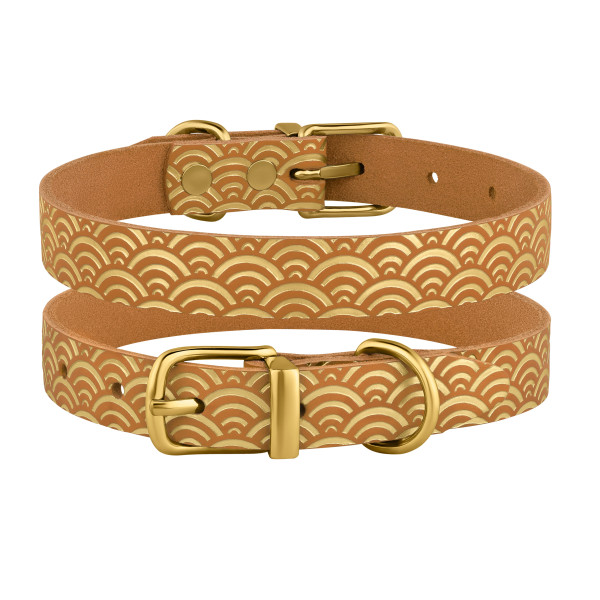 Нашийник для Собак шкіряний Classic одинарний з золотим тисненням Море Гірчиця