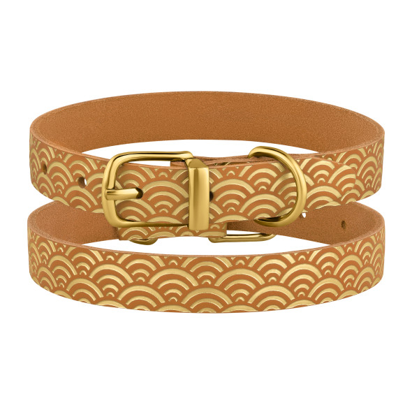 Нашийник для Собак шкіряний Classic одинарний з золотим тисненням Море Гірчиця