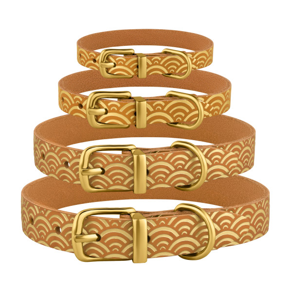 Нашийник для Собак шкіряний Classic одинарний з золотим тисненням Море Гірчиця