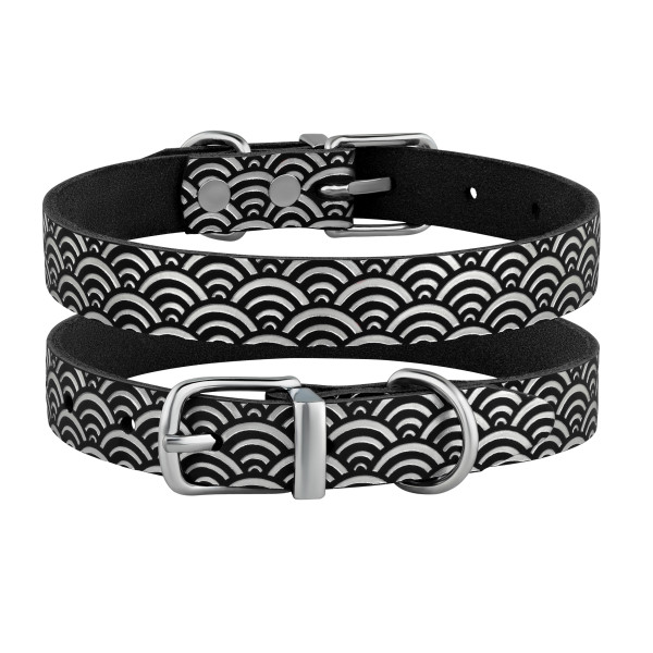 Нашийник для Собак шкіряний Classic одинарний з срібним тисненням Море Чорний