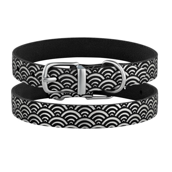 Нашийник для Собак шкіряний Classic одинарний з срібним тисненням Море Чорний