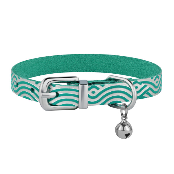 Нашийник для Котів шкіряний Classic одинарний з срібним тисненням Хвиля Бірюзовий