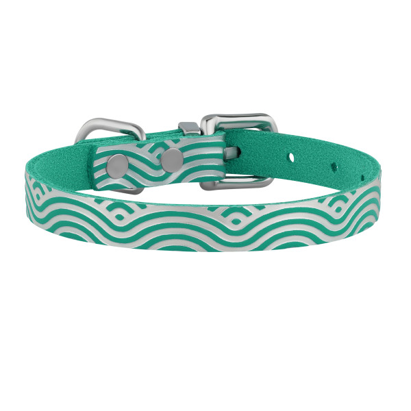 Нашийник для Котів шкіряний Classic одинарний з срібним тисненням Хвиля Бірюзовий