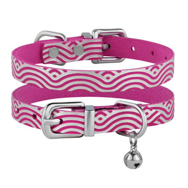 Нашийник для Котів шкіряний Classic одинарний з срібним тисненням Хвиля Рожевий