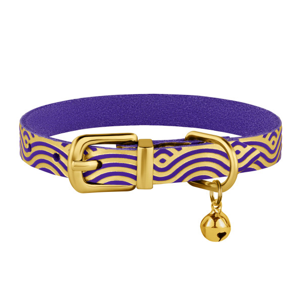 Нашийник для Котів шкіряний Classic одинарний з золотим тисненням Хвиля Фіолетовий