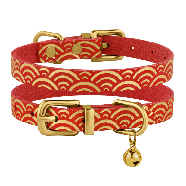 Нашийник для Котів шкіряний Classic одинарний з золотим тисненням Море Червоний
