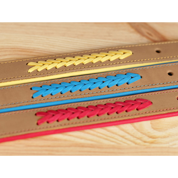 Нашийник для собак шкіряний BronzeDog підклеєний плетений Бежевий хром Блакитний