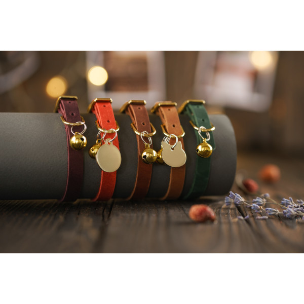 Нашийник для Котів BronzeDog Crazy шкіряний з золотим дзвіночком Бордо