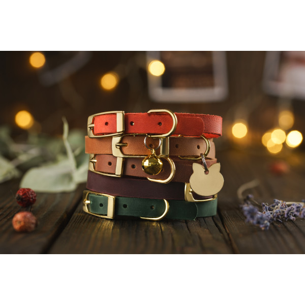 Нашийник для Котів BronzeDog Crazy шкіряний з золотим дзвіночком Коньяк