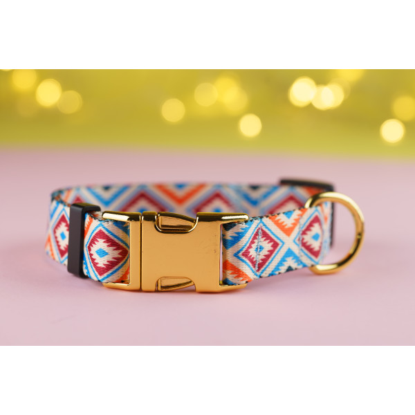Нашийник для собак BronzeDog Urban нейлоновий з золотою пряжкою Ромби Сині
